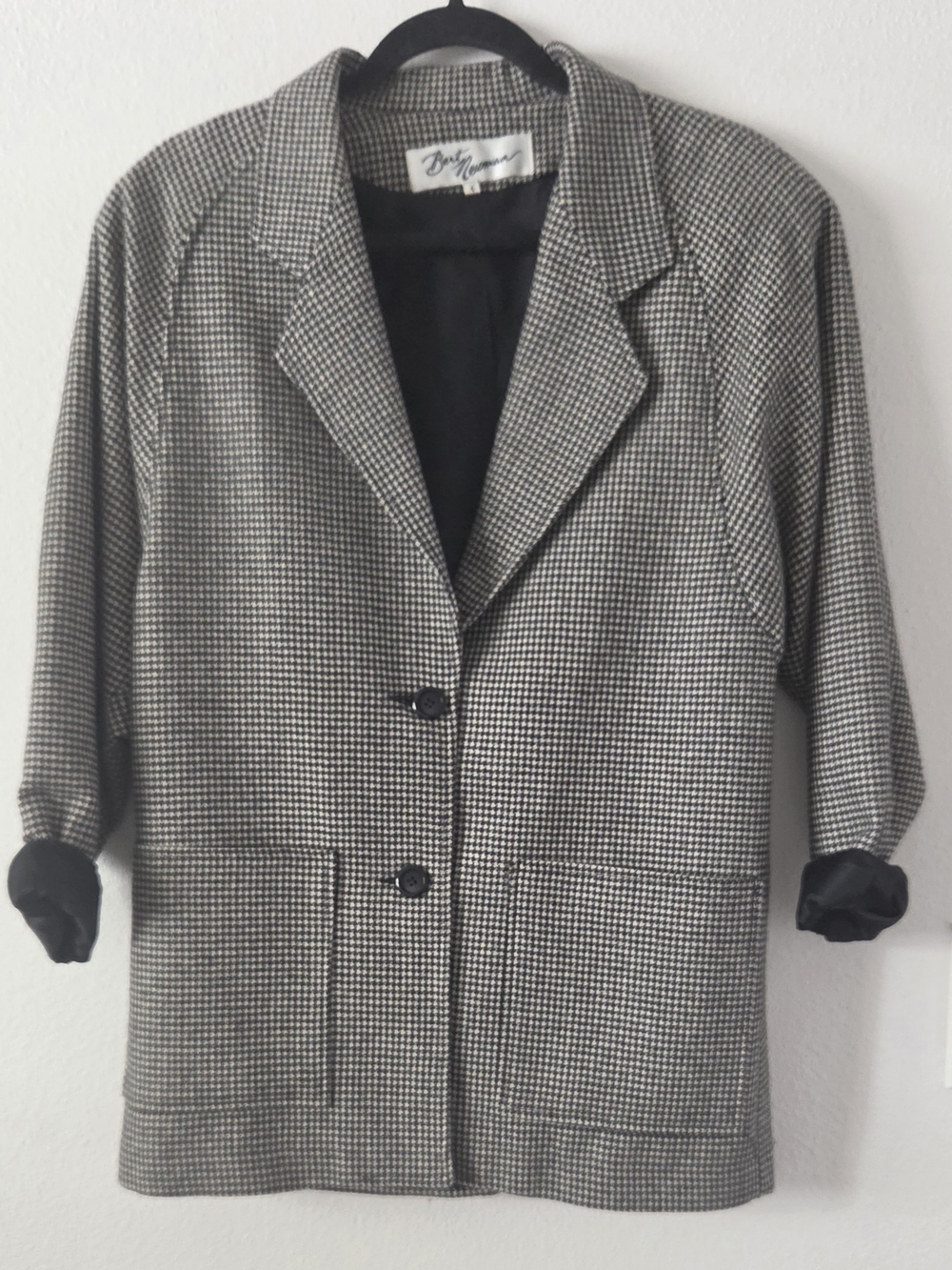 Vintage Wool Houndstooth Blazer Jacket - Black and White